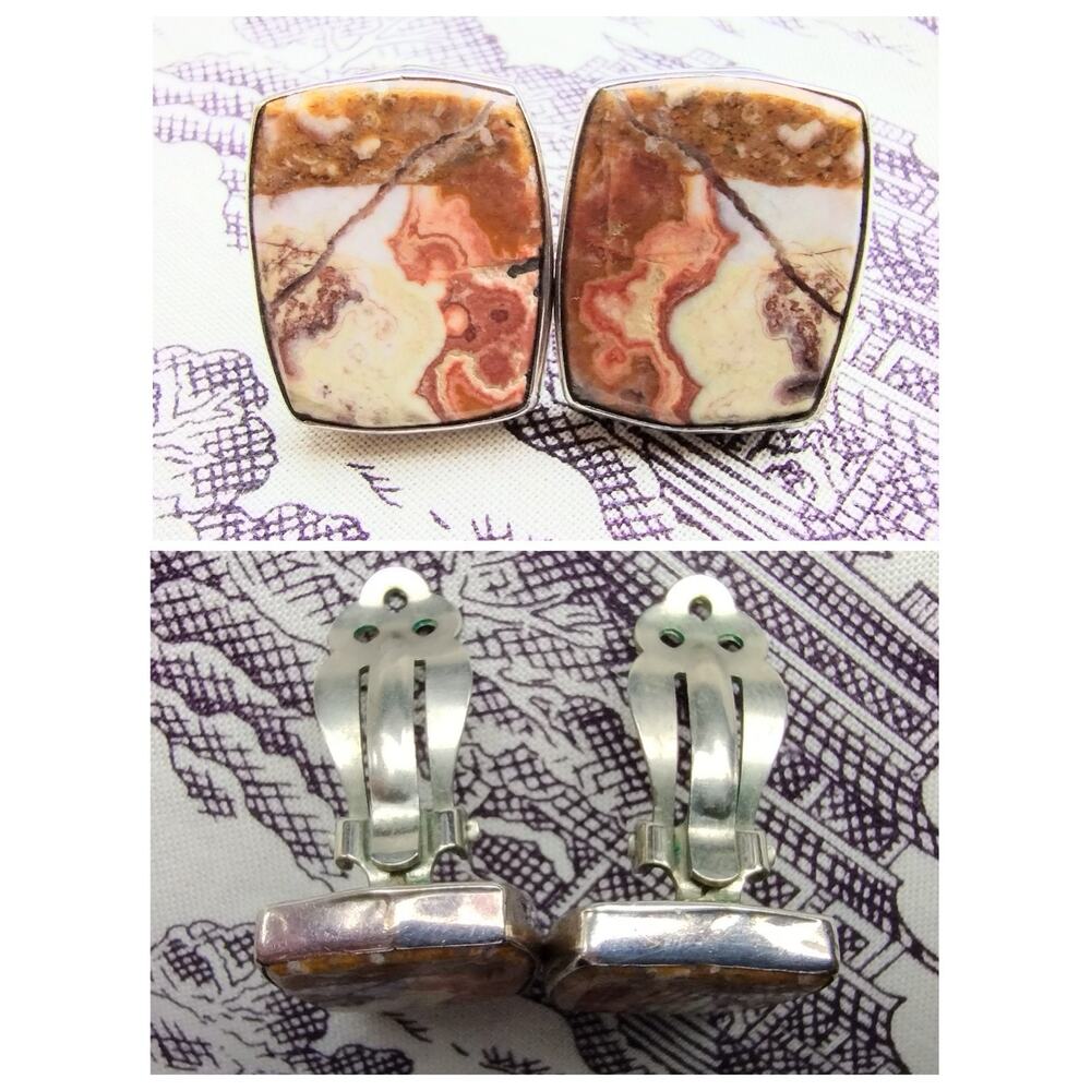 Vintage Rosetta Jasper Sterling Silver Chunky Clip-on Earrings Signed GAC